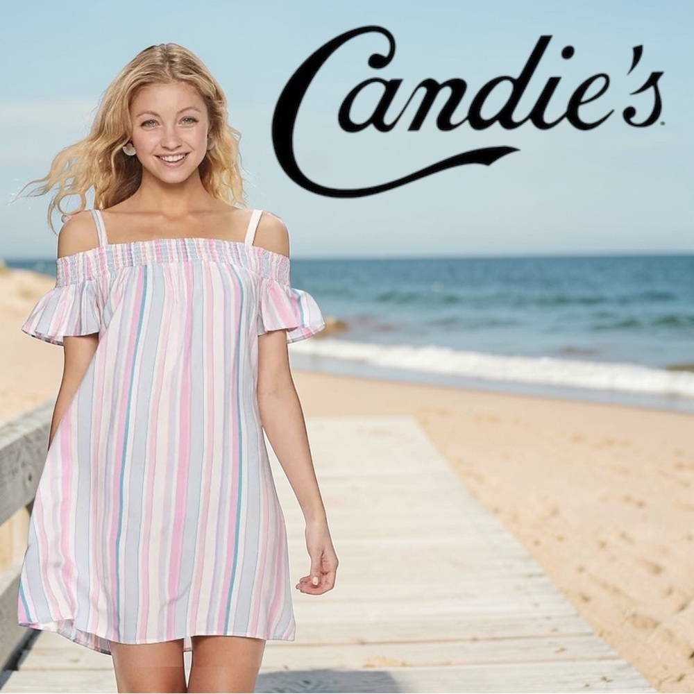 Candie’s Pastel Stripe Off Shoulder Dress Size Large Boho Summer Mini Rayon
